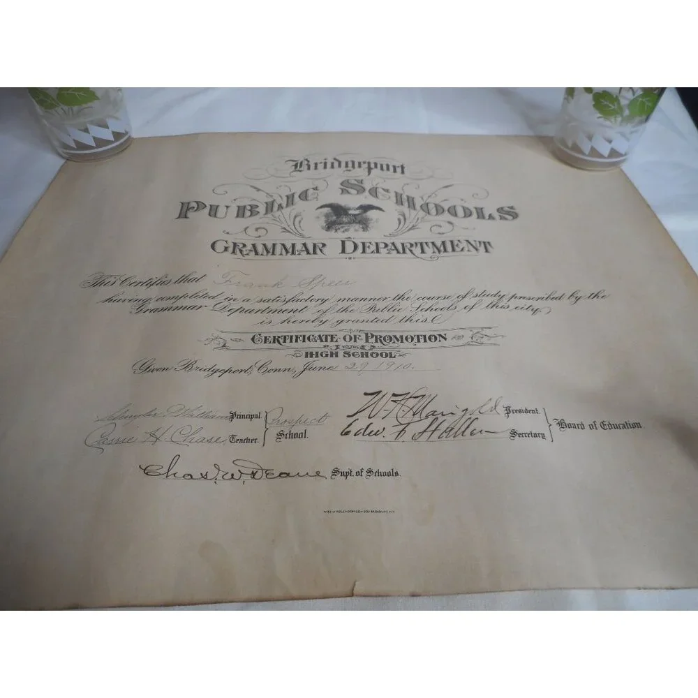 Grammar Department Certificate Graduation Speer Unframed 1910 Bridgeport CT